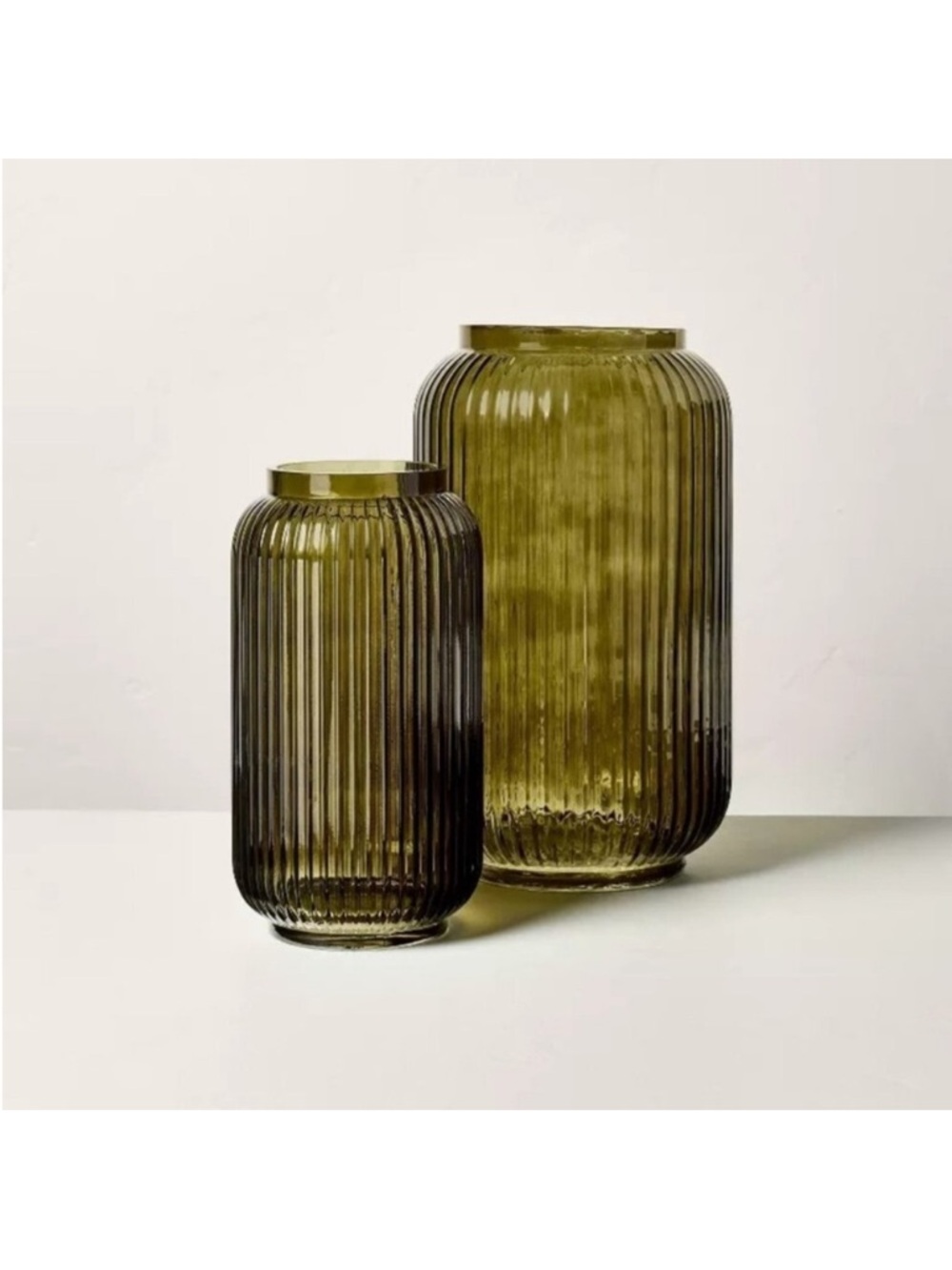Hearth & Hand 9” Olive Ribbed Glass Cylinder Vase. This is the smaller one - Picture 2 of 8